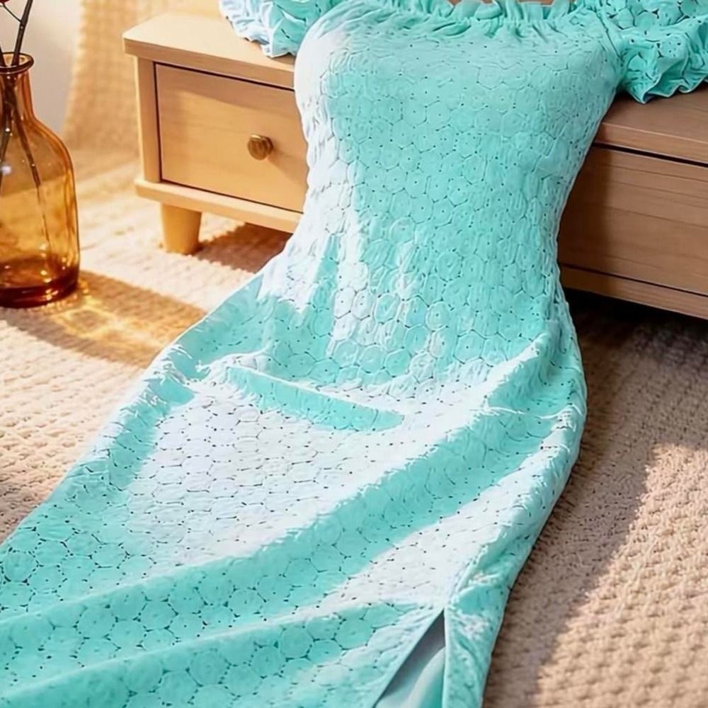 Temu Teal Lace Textured Maxi Dress Short Sleeve Side Slit LYQ-042-WDW-1M Medium